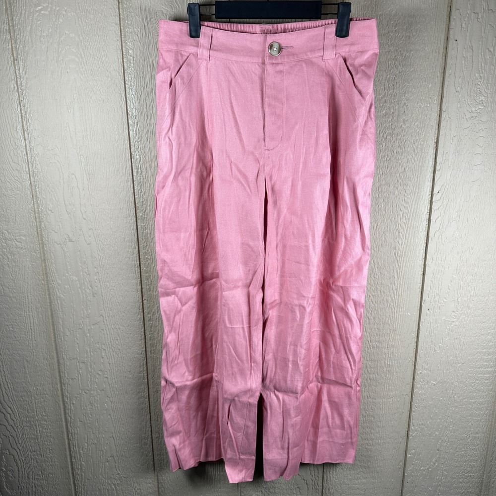 Cabi Cruise Crop Wide Leg Linen Blend Pants Womens Medium Pink Elastic Back 6692